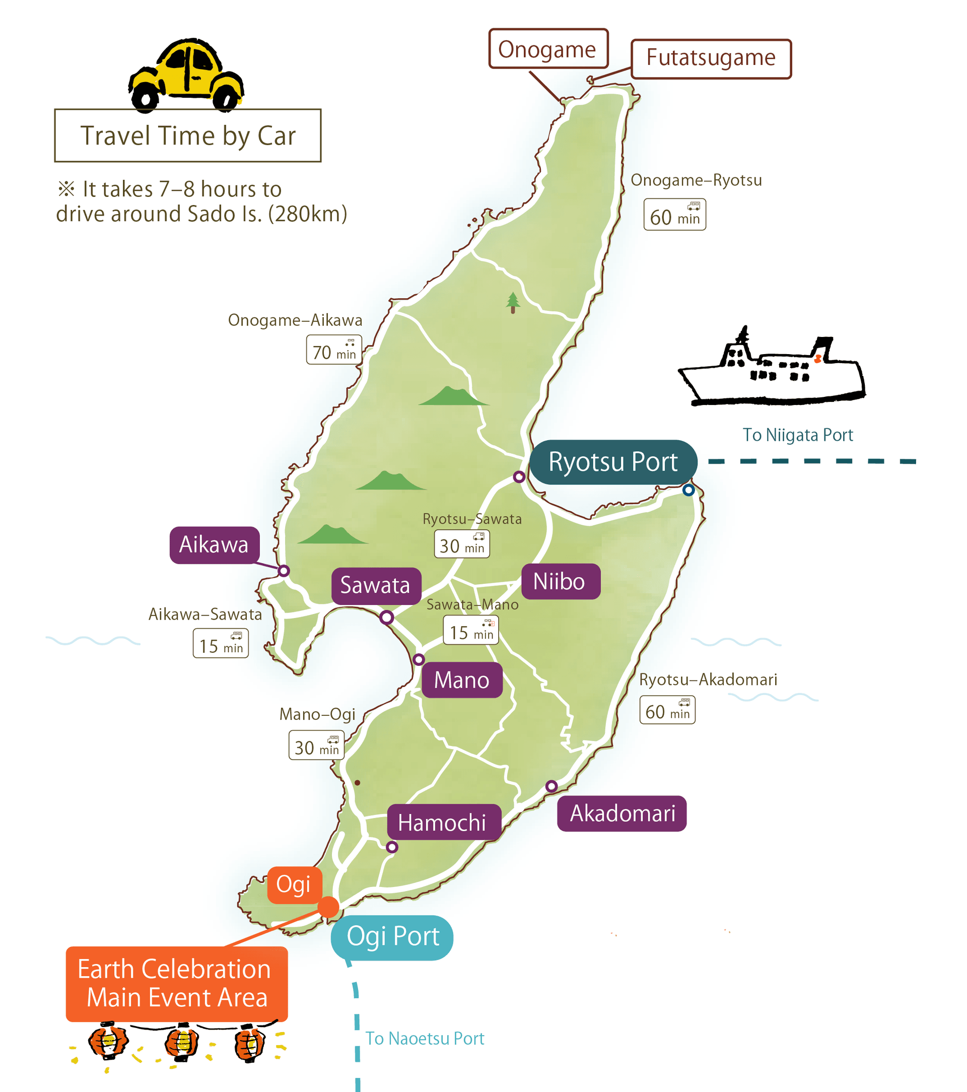 Sado map and driving times